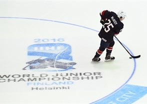 HELSINKI, FINLAND - DECEMBER 28: USA's Charlie McAvoy Jr #25 stickhandles the puck during warmup during preliminary round action at the 2016 IIHF World Junior Championship. (Photo by Matt Zambonin/HHOF-IIHF Images)


