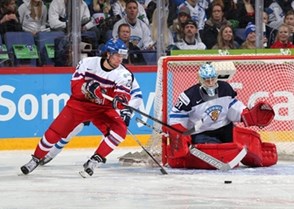 HELSINKI, FINLAND - DECEMBER 31: Jan Scotka #23 of the Czech Republic with a scoring chance against Finland's Veini Vehvilainen #30 during preliminary round action at the 2016 IIHF World Junior Championship. (Photo by Andre Ringuette/HHOF-IIHF Images)


